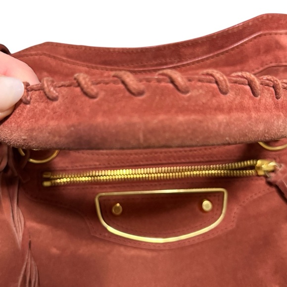 Auth Balenciaga Suede City Bag Brick brown metallic edge medium Strap RARE - Picture 6 of 13